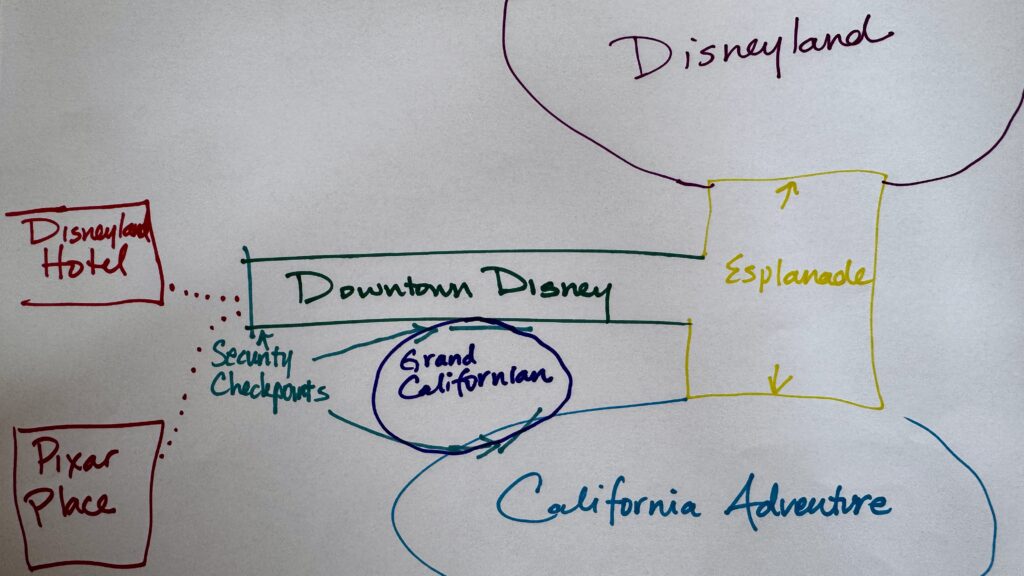 handdrawn map of Disneyland hotels
