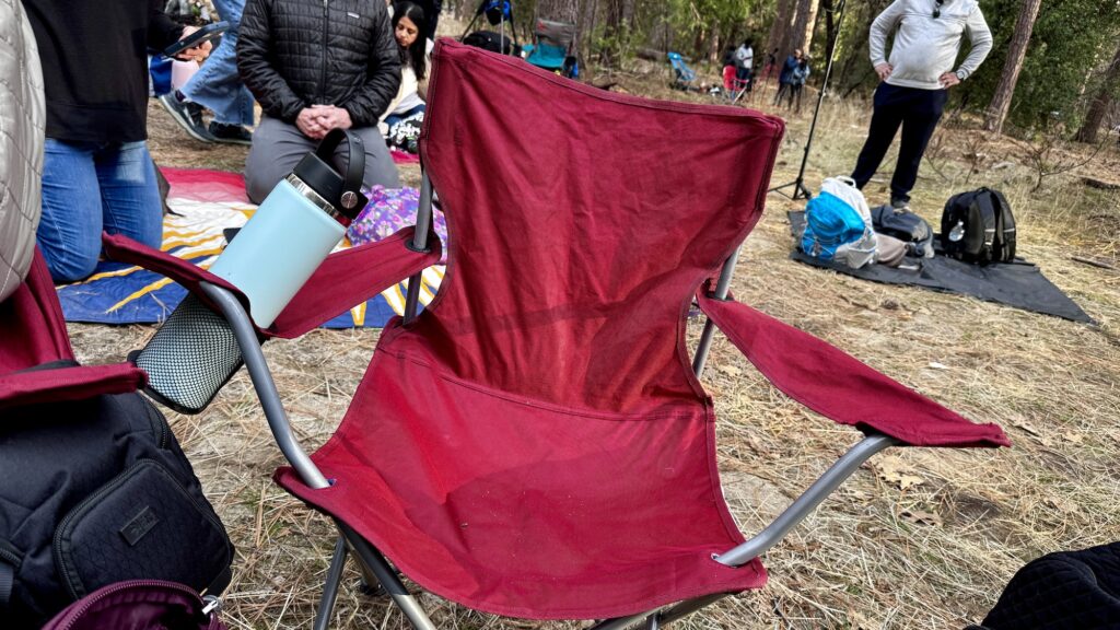 camping chair and water bottle in Yosemite