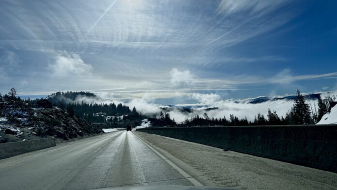 highway through Truckee, California on a sunny winter day