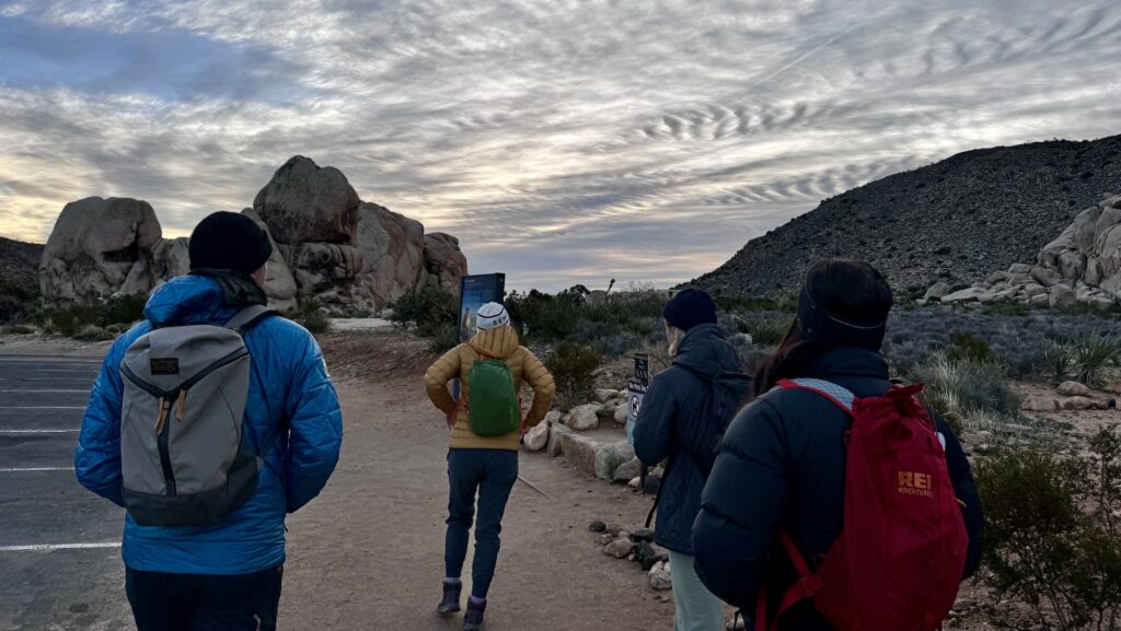 hikers in the early morning in late winter in Joshua Tree National Park